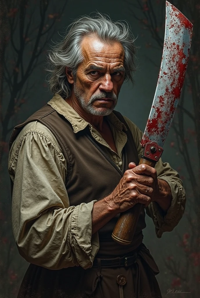 a old man serial killer, face covered in blood, light and shadow room ambience, he's holding a rod, oil painting, reddish tones, chiaroscuro lighting, dramatic moody atmosphere, cinematic composition, masterpiece, ultra-detailed, photorealistic, 8k, best quality