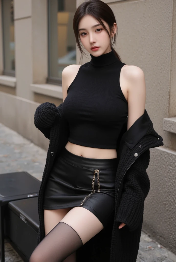Taiwanese women,Female Model,Slim,Good shape,big breasts,HD, off-shoulder Crop top , leather mini skirt,under knee boots,blond,whole body photo