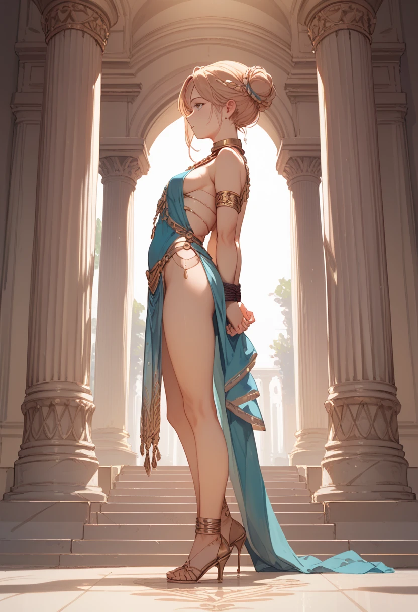 ((highest quality)),(ultra high resolution),(Super detailed),(detailed description),((best CG)),(best work of art),super precision art,great drawing art,(Art with precise details:1.5), (1 noblewoman:1.6),beautiful and well-shaped face:1.5,light makeup:1.6,(Colorful backless dress with intricate details:1.8),coiffed hair:1.6, old castle balcony:1.5,sunset sky:1.5