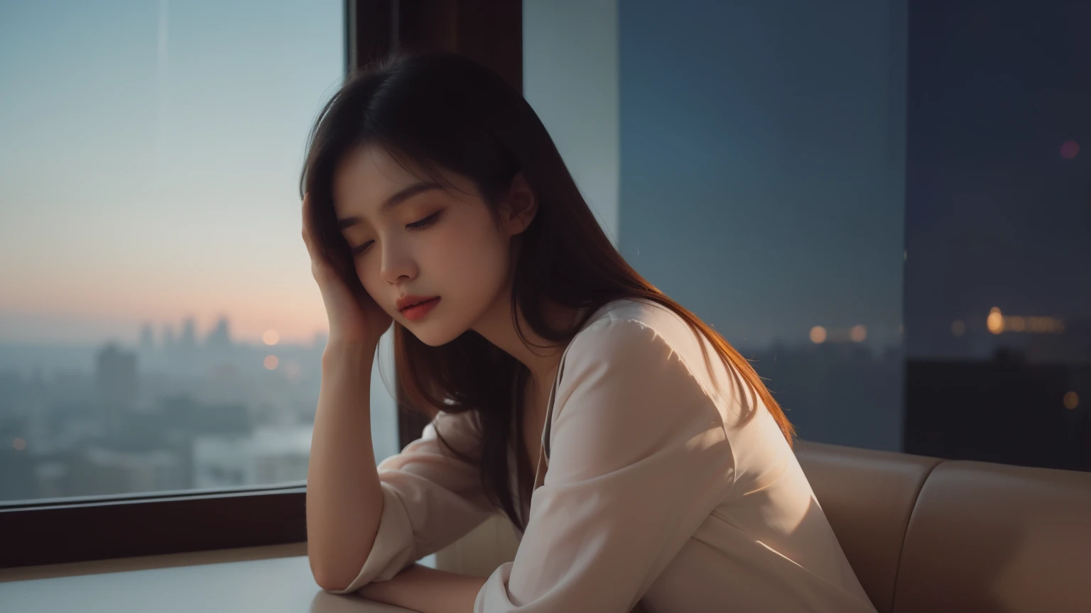 (best quality,4k,8k,highres:1.2),1girl,Asian female,closed eyes,slightly raised head,hair casually covering eyes,leaning against window,night city view,cinematic lighting,dramatic contrast,soft backlight,film grain,moody atmosphere,delicate facial features,loose white blouse