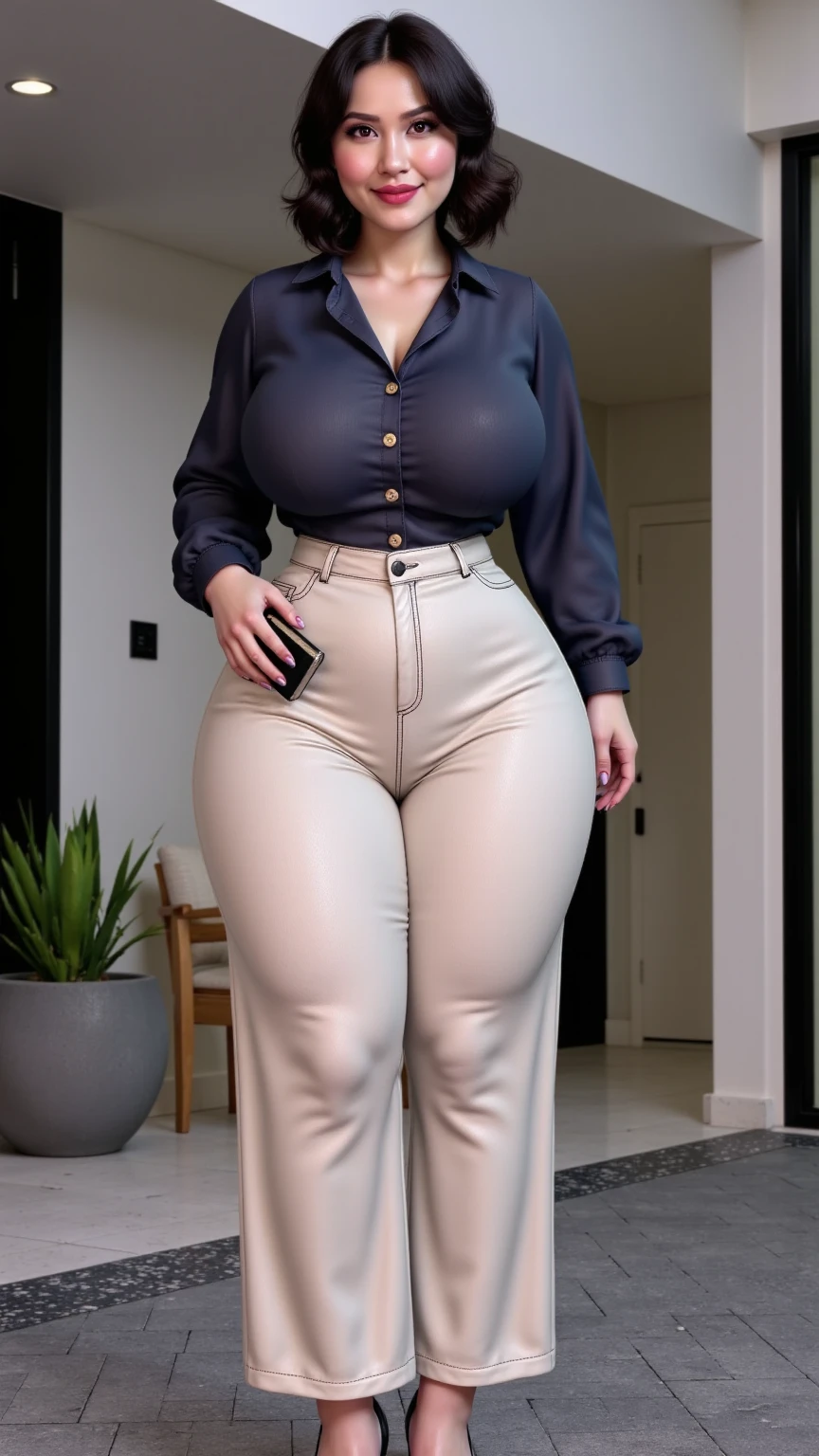 ((best quality)), ((masterpiece)), (detailed), perfect face, chubby woman, chubby face , chubby girl , widest hips , fat belly , thick neck ,, thicc , thick body , thick thighs , thick arm, small breasts but her body is a chubby, full body view, dark-black room, black bokeh background, thight dress, wearing sneakers, short hairstyle, diamond necklace, wearing a watch, tall woman, restore face, white skin , longest thight pants , glasses , cold vibes, , 4k resolution, japanese goddess,voluptuous 