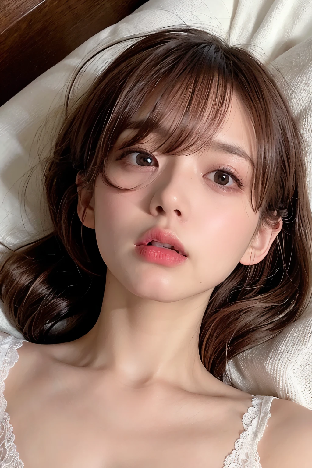 in a lavish bedrrom, a young-adult lady, lying down on the upscale wooden bed, begging expression, a blank look, wearing see-through lingerie, shot from directly above, wavy short length hair, pale yellow and pale red hair, pompadour hairstyle, twisted bangs, hair is shaggy and dishevelled, slendar figure, skinny, small breasts, beautiful sunburned skin, undressing, much exposed skin, no makeup, adult sexiness, alluring, eating a very big cylindrical melted white chocolate in mouth while lying, {realistic}, {photogenic}, {cinematic lighting}, {vibrant colors}, {hyperdetailed}