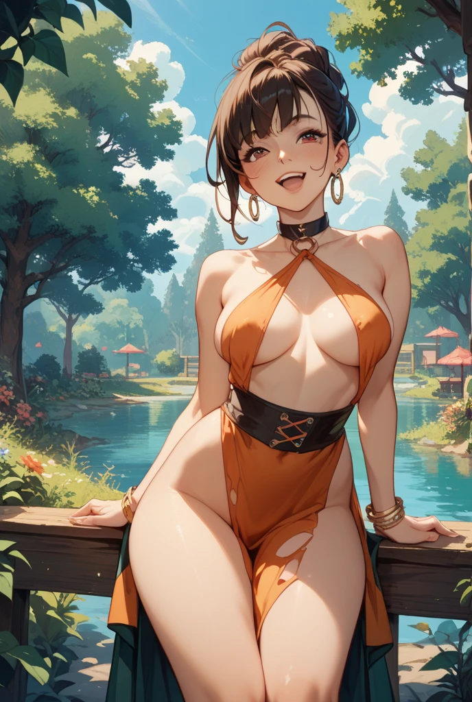 attractive korean woman, ripped muscle, muscular body, small breast, pale skin, smile(blush), bikini, flower garland, sandals, cross pendant, sixpack abs, [ultra detailed skin:1.2], brown hair, messy hair, 8k uhd, pussy, full body, crowd, public, night, sitting, spread legs,