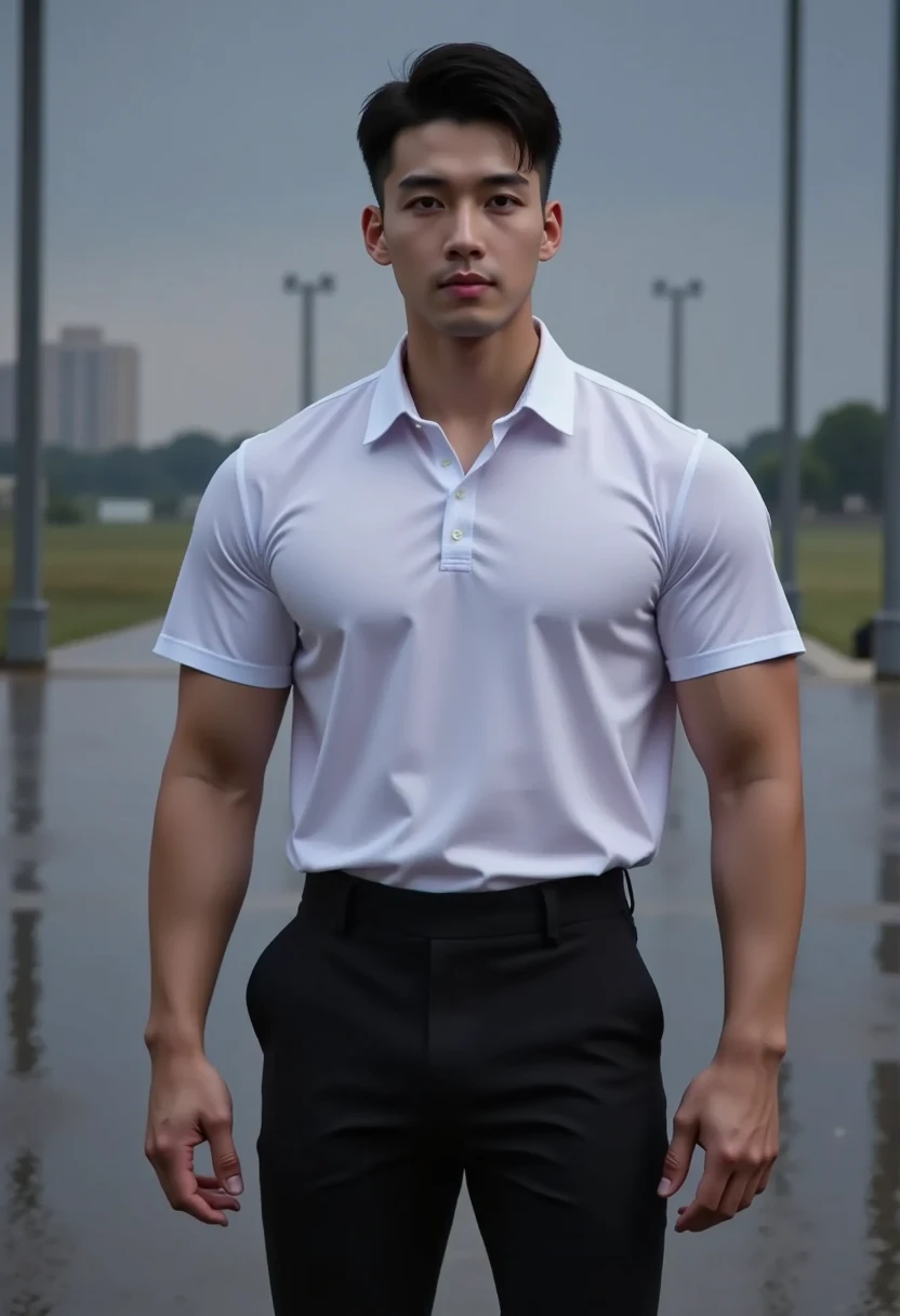 25 year old muscular Asian man, The face looks like that of an Indonesian artist., Bold and cool, Wear a tight white polo shirt., chest visible, Wear black trousers., ((in wonderland)), Pose, Photo model, Very high quality, Very high resolution,