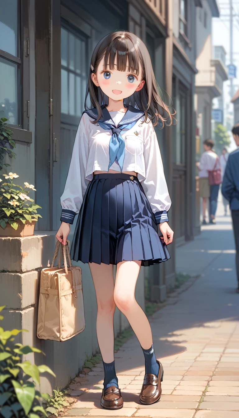 (super flat, flat shading), Honors Type, Really blushing, 17 years old, Japanese school girl, Short bob cut blonde hair, Glasses, (((sun burn dark skin))), sweaty healthy body, mesugaki smile, , bare legs, loafers, ultra realistic, early morning, standing in crowded street, v sign