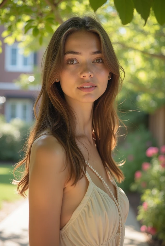 Create an image of a beautiful girl with long, wavy chestnut hair. She has large, expressive green eyes that radiate warmth and kindness. Her complexion is delicate and flawless, with a slight rosy tint. The girl has a subtle smile on her lips, adding to her charm. She is dressed in an elegant, flowing dress in pastel colors, which accentuates her slender figure. The background of the image is a picturesque landscape with blooming flowers and the gentle light of the setting sun, creating a magical atmosphere.