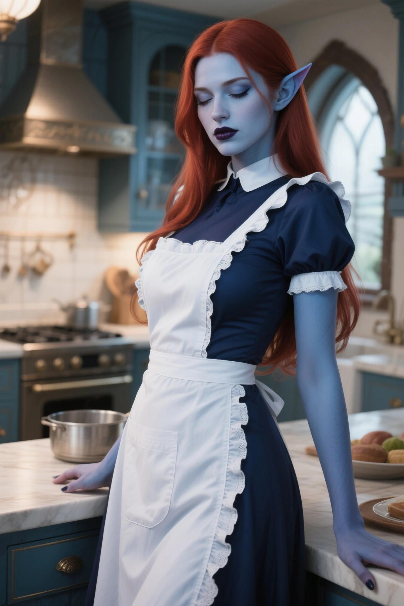((Full body photo of a woman dressed as a maid and an old man)). "She has red hair, green eyes, maid's headdress on her head, "he is bald, strong body wearing, he is wearing teddy bear pajamas in blue color, he is beside her with his hand on her waist". "She has the flushed face heavy makeup on face red lipstick", both are in a hotel room opposite the exit of the room