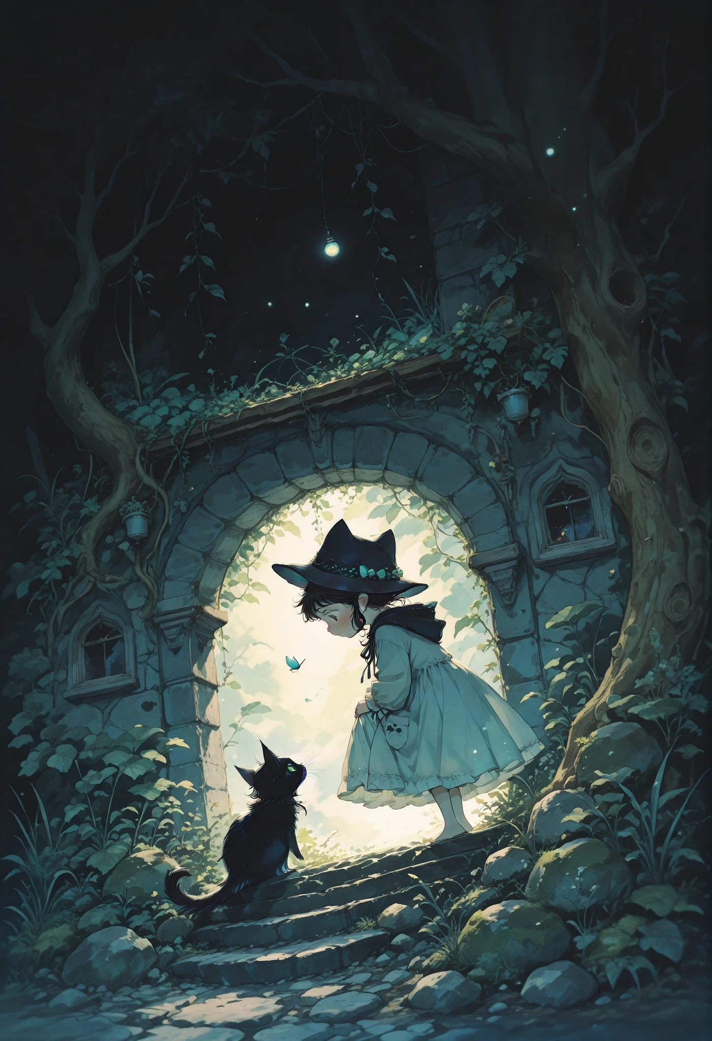 Studio Ghibli Dark Fairytale, Little Traveler in the Cat Mimi Hat、1girl