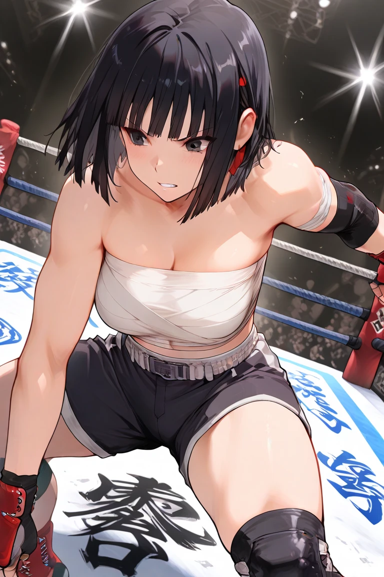 a beautiful bloody japanese high school girl fighter is knoced out in the octagon fighting ring, she is beated down, She sits slumped against the octagon's fence, whole body picture, she lose. she is covered in scars and bruises, she is damaged terribry, Short cut black hair, out of breath, drooling from mouth, her one eye is closed, exhausted, drenched in sweat, Erect nipples, open finger glove, Ragged white and pink sports bra, high leg panty, Stockings, armwarmers, Whittled waistline , slender body