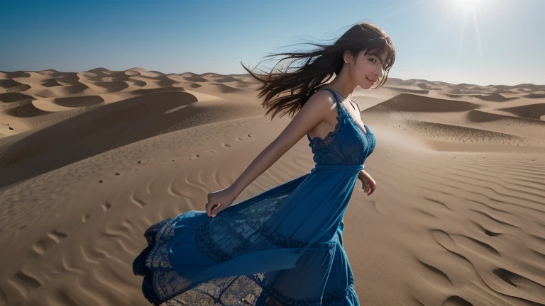 (masterpiece, photo_real, octane-render):1.4, magnificent view, far away light,whole surface lake, sand dunes (Tottori:1.3), (sand ripples:0.95), fantastic, gentle breeze, Dazzling Atmosphere, 1 goddess, (detailed large indigo eyes:1.2), (perfect hands), Back view of girl standing on Center of sand dunes, from back, smile, (in Indigo arabesque pattern beige bare_shoulders combination panel dress), dense and delicate clothes, beautiful breasts, wedge sandals, playful, (flinching hair), (Detailed black long hair):1.21, beautiful nape, diffused natural skin glow, (subjective perspective), heavenly stars, (dim light, light-shadow symmetry, Faintly emerge from the darkness