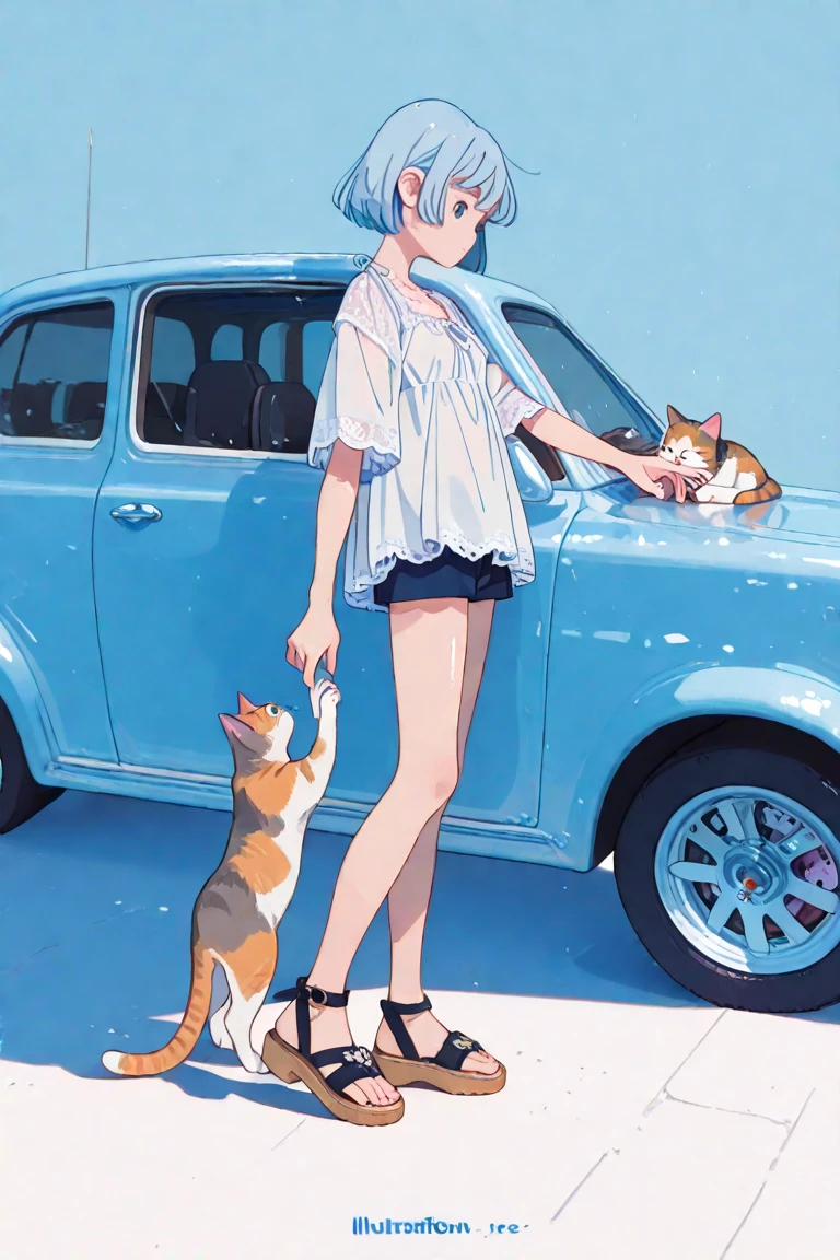 Anime-style girl with short, wavy hair and large expressive eyes, wearing casual clothes and red headphones. She is sitting in front of a vintage blue Porsche 911 in a cluttered garage. The garage has neon lights, colorful posters, and various tools scattered around. The black cat sits beside her, adding to the nostalgic 80s city pop vibe. smiling