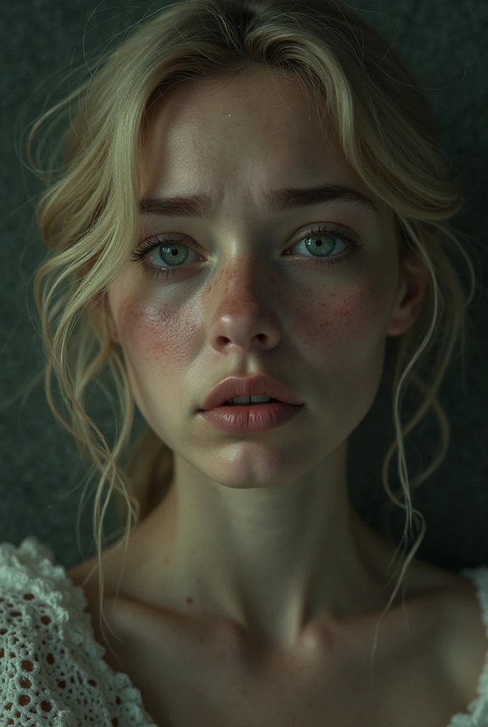 Woman with straight blonde hair crying