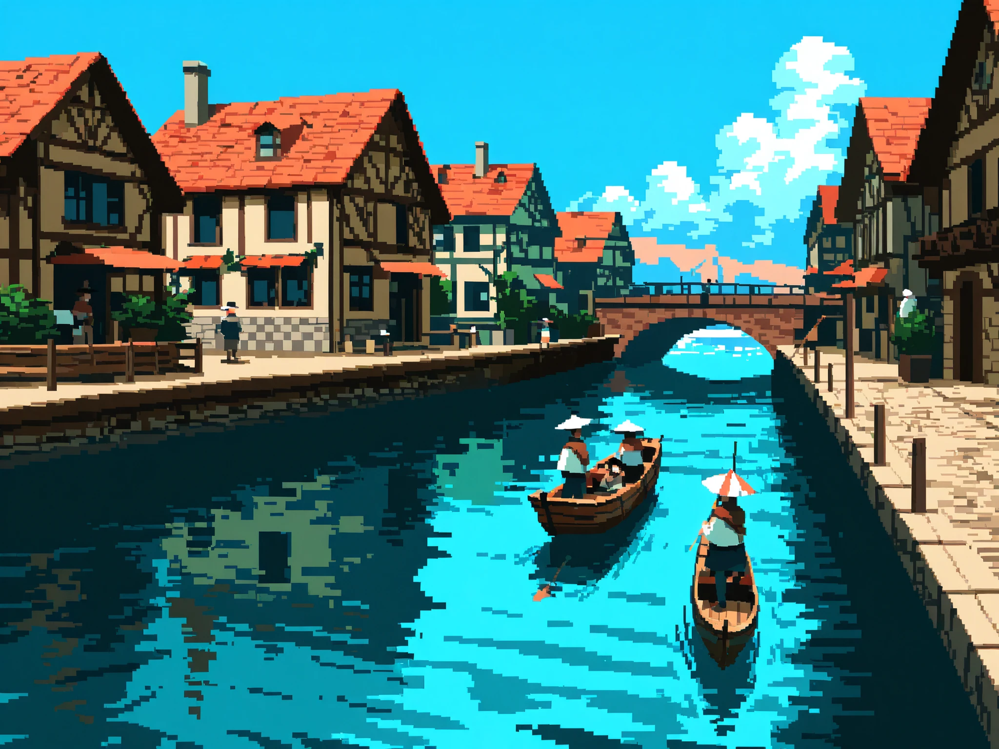 wide shot, side shot, canal, 3 small boats, boatmen, passengers, travelers, bustling, Cute houses lined up along the canal, pixel art, blue sky, fantasy world
