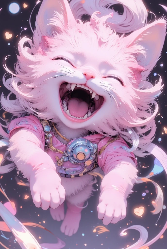 Top view, profile, (((side view))), from side, Long-haired light pink cat jumping toward camera. close up shot : 1.6, smile, laughing, (((squinting))), happy, (((open mouth))), Camera perspective is centered on cute pink nose of light pink cat, cute pink nose of light pink cat, light blue eyes, blurred background, cute heart shaped effect, gives depth and openness to scene, depth of field, high resolution, masterpiece, accurate, top quality, high res. model, high detail, beautiful detail, high resolution, 32K, realistic rendering, ultra realistic detail, jima, colorful and beautifully lit, fantasy wonderland world view, various iridescent misty glitter effects, bailing_fire,
