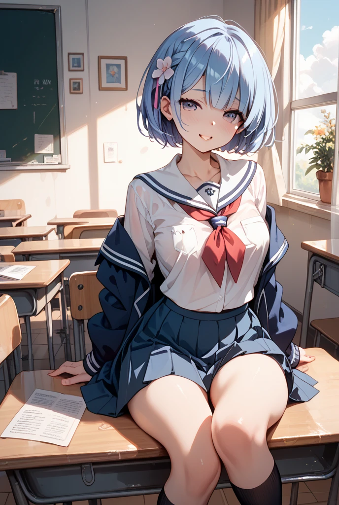 (extremely details CG、Unity、8K Wallpapers)、(extremely delicate and beautiful)、(​masterpiece)、(top-quality:1.0)、(超A high resolution:1.0)、beautiful  lighting、perfect lightning bolt、realistic shadow、[hight resolution]、Detailed skin、ultra-detailliert、detailed faces and eyes、Realistic eyes、Sharp pupils、cowboy  shot, Inside the classroom、Schools、Evening glow、beauitful face、blurry backround、16-year-old beautiful girl、shinny skin、Side Up、Beautiful sky blue hair、Blunt bangs、Blue eyes、a sailor suit、Pleated miniskirt、Curve、Sitting on a desk、(Opening legs、You can see light panties.:1.2)、Smile with open mouth、Looks happy