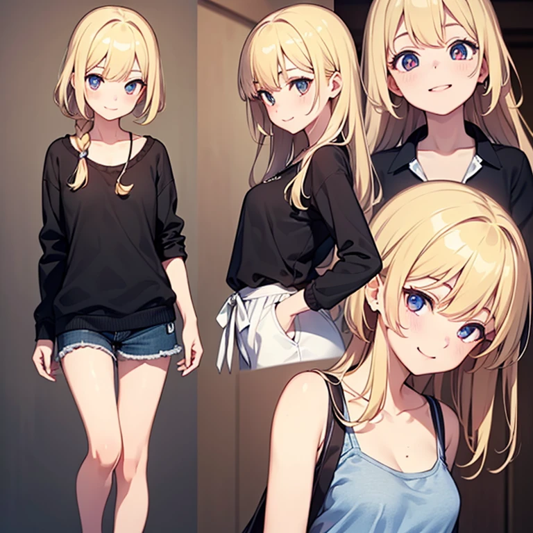 Realistic image, Consistent image, Detailed Images, 1 beautiful girl. She has blonde hair, long and fine hair. Caramel Eye, Long eyelashes. Her face is oval and delicate.. She is wearing an oversized T-shirt.. She is barefoot and has a curvaceous figure., Medium bust and thick thighs. Petals fall around her. A view of her whole body. Black background, Uniform background. Zhou Haoguang, Volumetric Light,