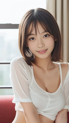 (A gorgeous Chinese office lady, age 28, wearing formal white shirt and sky-blue pencil mini-skirt, relaxing in her cosy bedroom at night, friendly and kind expression, gentle smile, dimpled smile, cute snaggle-tooth, Korean Bob Haircut Side-Bangs-Sophistication, beautiful detailed face, bright_and_full_of_warmth_eyes, beautiful detailed eyes, ample round bosom, photorealistic, hyper-realism, high contrast, ultra HD, realistic skin textures, top image quality, top-quality, super high resolution, fine details, very meticulously, masterpiece, head to knees, the Cowboy shot, romantic atmosphere, bokeh background, dark background, warm lighting)