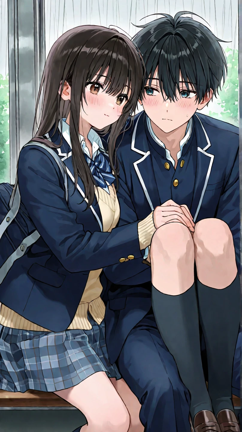 A middle-aged man with black bob hair and a blazer and uniform is standing holding onto the handrail of a train、He is rubbing the buttocks of a girl in a navy blue checked skirt.