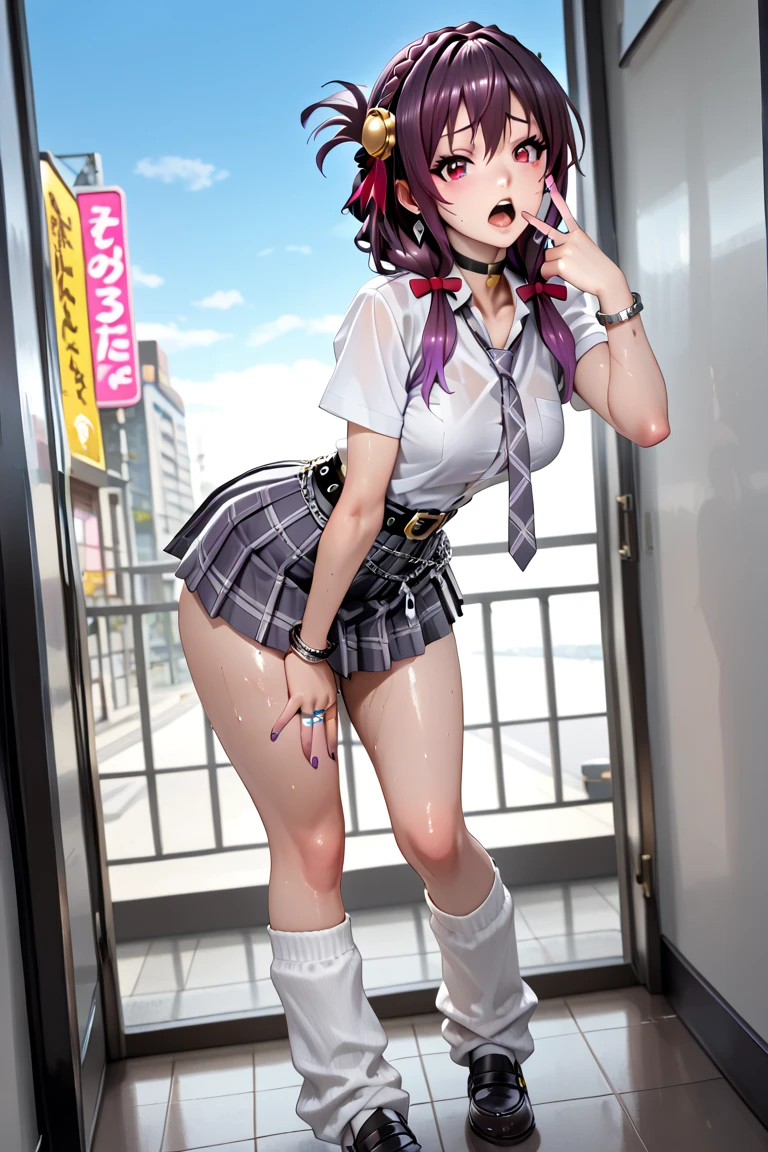 ((( 4k image)))1 woman, full body, in public square, hot nurse, silver hair, wearing white apron with pink details, open apron, squatting with legs open without panties showing her pussy (ultra realistic), without a bra showing her breasts, showing her pussy, little pubic hair, pink pubic hair, slightly pink white skin, beautiful lips, perfect mouth, pink eyes, wearing red sandals, perfect little feet, pink painted nails, holding a clipboard in one hand (long pink nails), holding a syringe in the other hand, orgasm face, clear liquid running down her pussy.