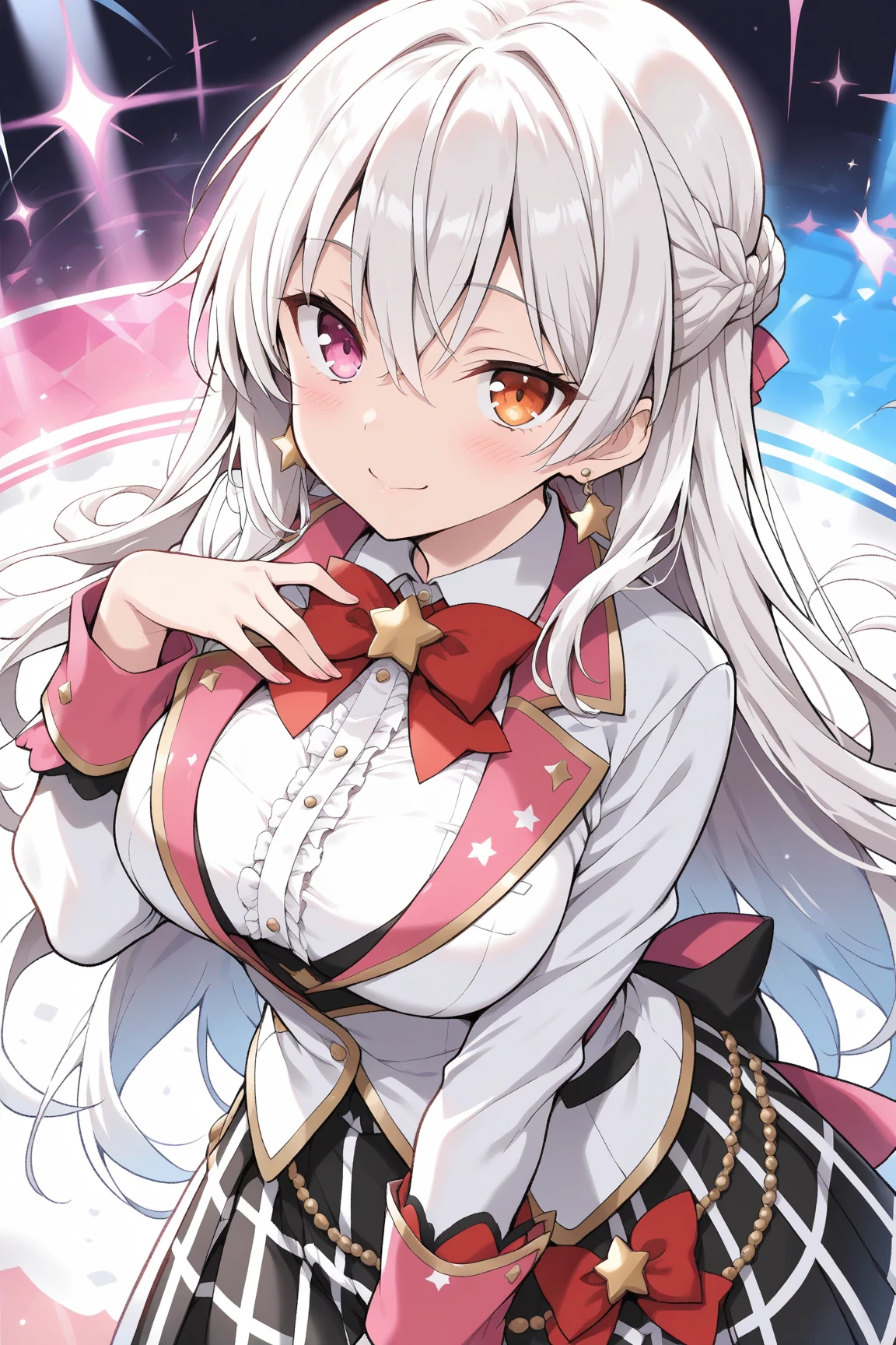 highest quality、whole body、Slender beauty、Gold Ship、1 girl ,((vibrant purple eyes)))、straight hair、keep bangs the same length、Patsun、bob hair、(((gray hair color)))、red boater hat、(((red dress)))、((sleeveless))、beautiful big breasts、sit on top,highest quality,table top, magic , Princess, adventurous girl, smile、zettai ryouiki,perfect handss,turn your arms behind your back、be quiet, From above,yoga poses、the most spectacular scenery in the world,Pose that emphasizes the chest,perfect hands、arm lock,headphones、ゲーミングheadphones