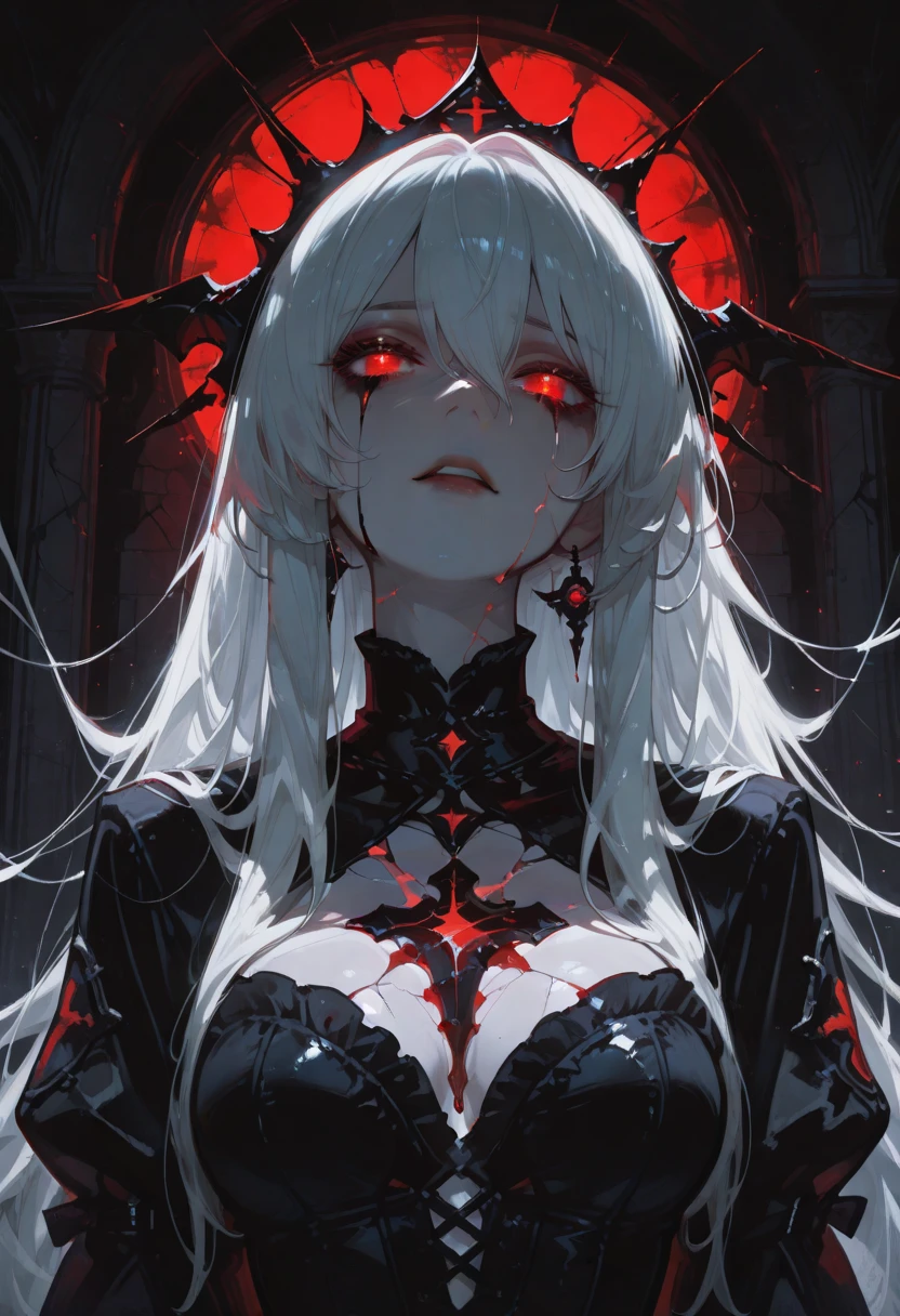 （masterpiece，Highest quality）， solo，A white-haired woman is holding a candle，Anime Skull Woman Portrait,Beautiful Necromancer girl，Beautiful girl necromancer，，Smokey, Flowing white hair，Critical Eyes，Pale skin，Black eyeshadow，Black blood and tears，Two fangs exposed，Gothic Girl Anime Characters，Beautiful Necromancer，gothic fantasy art，Dark fantasy art, White-haired God,Retrato de um Female Necromancer，Female Necromancer，Goddess of Death，Dark atmosphere lighting，The light shines，Mysteriouagic，Edge Light, (Blood splatter:1.5)