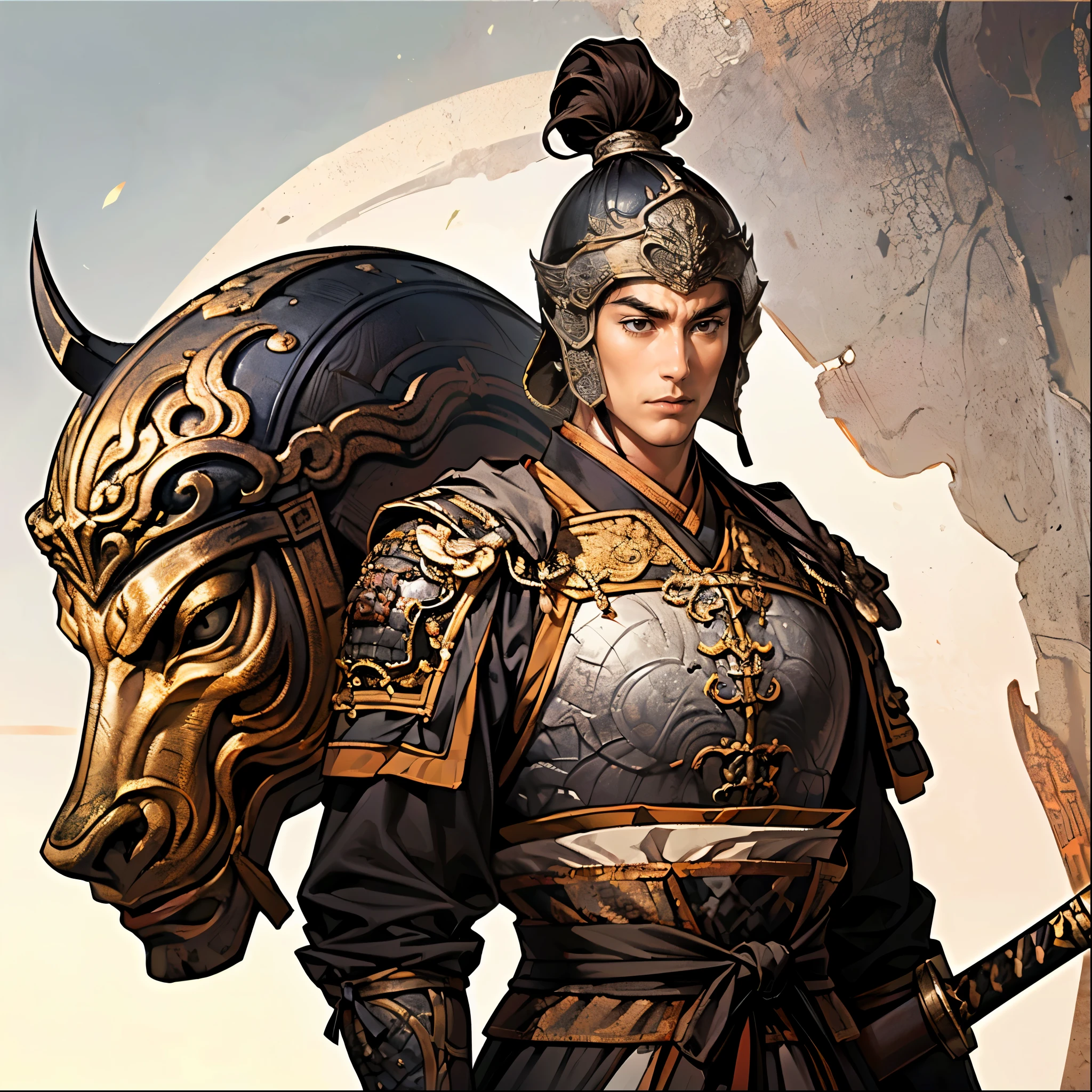 Highest Quality、masterpiece、4K、 oil painting portrait 、古代中国の鎧兜を纏ったfierce将、20 year old single man、 accurately drawn eye 、black eyes、dark haired、Square Outline、((険Seems表情、fierce々Seems:1.2、 stares at the opponent、Open Her Mouth Wide:1.2、Unshaved chin))、Glutinous meat:1.2、macho、((Ancient Chinese Black Armor、Deep Ancient Chinese Black Helmet:1.3、holding a long ancient Chinese straight sword depicted in detail:1.3))、(cowboy shot:1.2、depicts characters by securing sufficient space at the top of the screen and on the left and right:1.3、An accurate depiction of a man from the top of his head to below his waist、Distant view、wide-angle posed photo、candid photo:1.2、blurry white background:1.3、 composition from an oblique front:1.2)