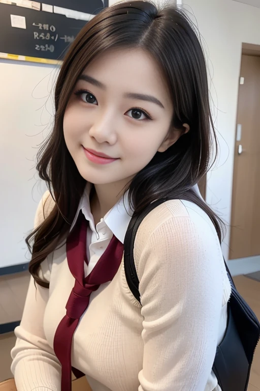 (1 Korean star with royal sister style), ((Best quality, 8K, 巨作: 1.3)), focal point: 1.2, Perfect body proportions: 1.4, (Make a smile), (Ray traching),Watery eyes, Highly Detailed Face and Skin Textur, Fine eyes, Double eyelids, Whitens the skin, (long whitr hair, Air bangs: 1.3), (face round: 1.5), (Student uniform: 1.4), (black lence stockings: 1.4),(film grain style:1.3),(Milk tea 1 in hand.2)