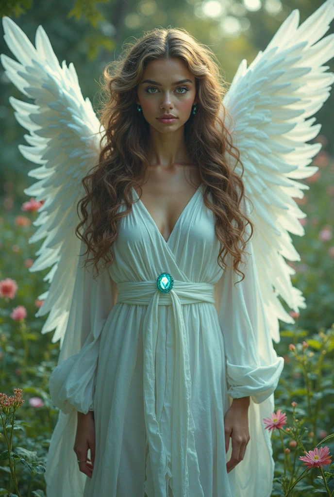 WINGED ANGEL WOMAN, HUGE LONG WINGS, HUGE LONG HAIR, BROWN HAIR, PALE SKIN, GREEN EYES, LOVELY FACE EXPRESSION, HIGH CHEEKBONES, ROSY CHEEKS, MENTAL FORAMEN, LIGHTNING WINGS, SHY SMILE, LONG BEIGE DRESS, HUGE LONG DRESS, LONG FLARE SLEEVES, ATHLETIC BODY, FORREST, DAYLIGHT, SUN, STRONG BACKLIGHTS, SHINING BACKLIGHTS, MITHOLOGY, ROMANTISM, ACCURATE IMAGE, MASTERPIECE
