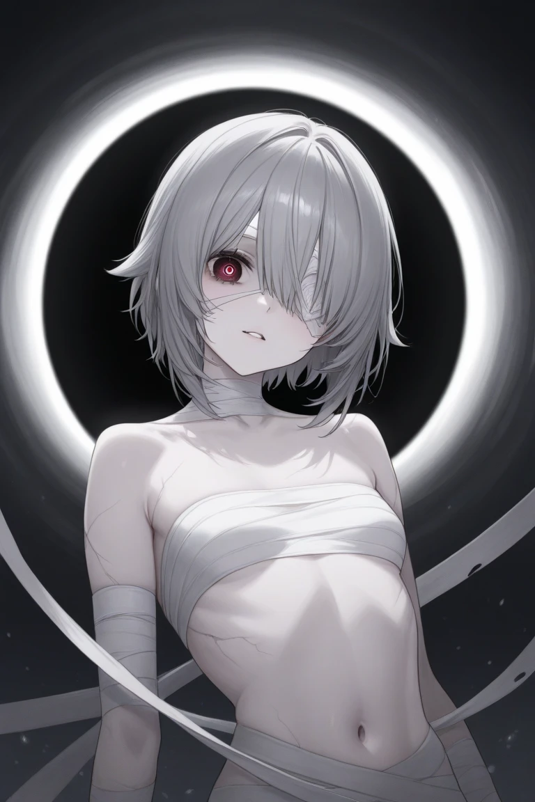 ((1 naked woman,((flat breasts,no breasts,bare breasts,naked pussy,((very short black and white hair, red eyes,hopeless face)),((standing,in a haunted forest,at night )),