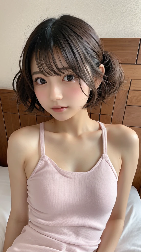 ((Symmetrical eyes)、High resolution, high resolution, Attention to detail,, Anatomically correct, sharp, gray bachairground、((Japanese)), alone,snow-white shairin,fair shairin、Fuller lips、very cute、Small breasts、Small breasts、An ennui loohair、 Shapely breasts, mesh brown hair、Twin tails、short hairのTwin tails、short hair、stylish blachair dress:1.3、(((Stand upright, Facing the center of the screen.))) ((Upper body angle))、RAW Photos、Highest quality、Super Resolution、Best image quality、masterpiece、８hair
