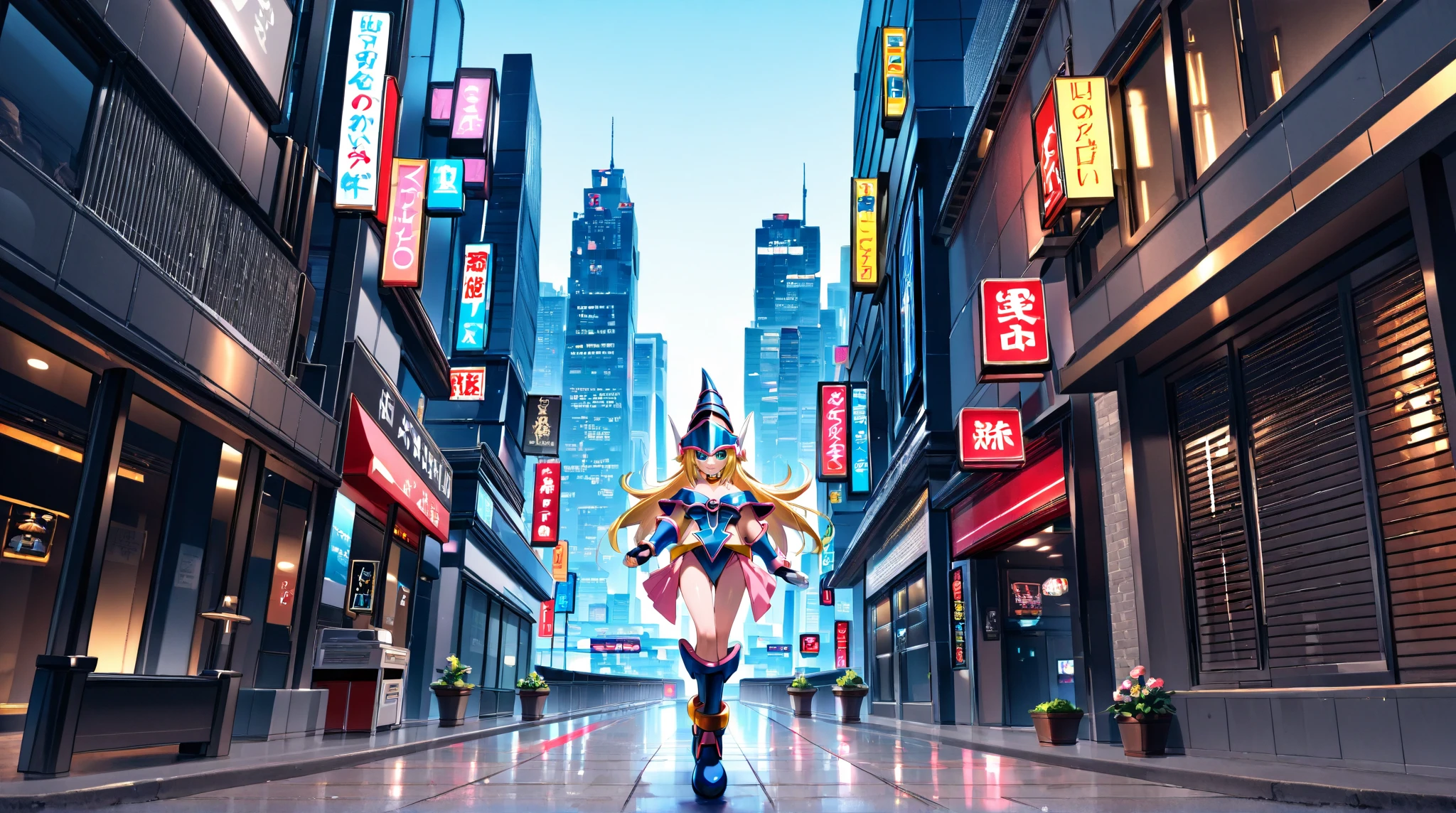 a Guyanese mature lady xmech robot wearing a robe, fully body, lifting skirt, Large and warm vagina, skirtlift, anime, Parting legs slightly arms outstretched, Cybernetic cityscape with augmented reality billboards and holographic signs.