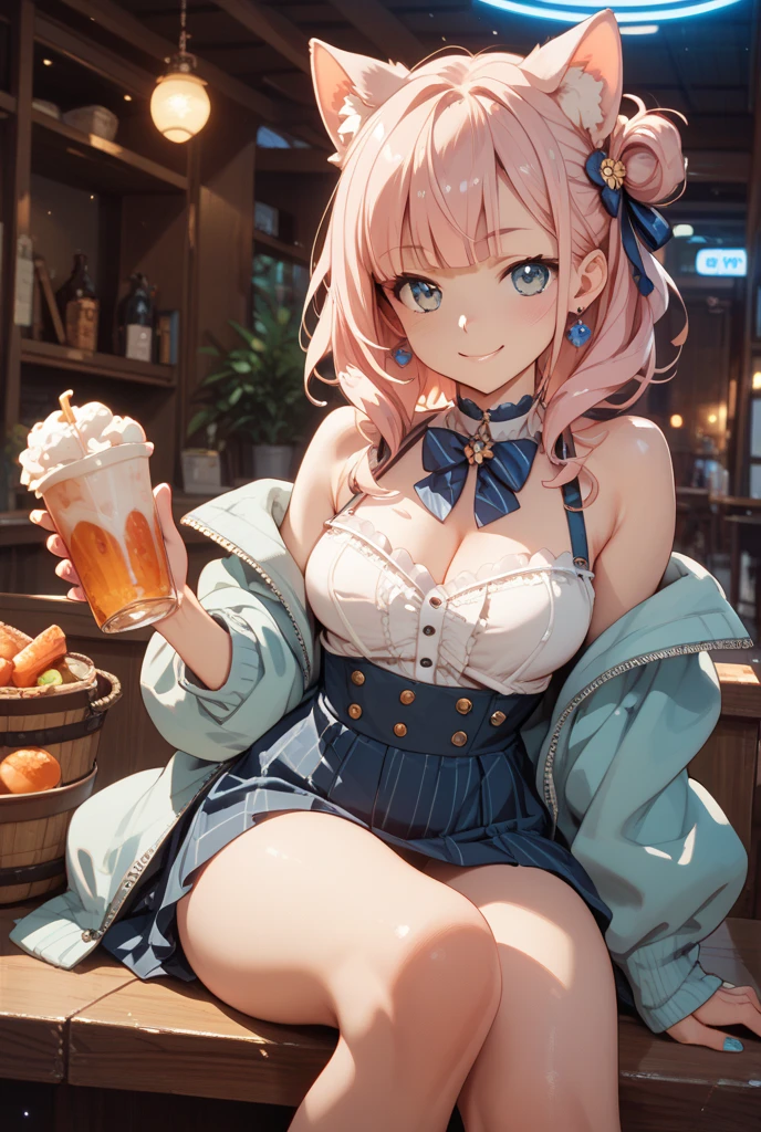 (masterpiece, Highest quality:1.3), (Super detailed:1.2), (hyperRealistic:1.3), (RAW Photos:1.2), High-definition RAW color photos, Professional photos, (PhotoRealistic:1.4), (Realistic:1.4), Professional Lighting, Perfect Anatomy, (Big Breasts:1.2), (blush, Detailed face), (Bright smile:1.5), (Pink Hair:1.5), Trending Hair&Trending Hairカラーをランダムに, Earrings, necklace, bracelet, Sexy, erotic Sexy, Random sexy gravure poses, ((At a bustling izakaya in the city、a sexy beauty in a white T-shirt and miniskirt。Place your elbows on the table、with a glass of draft beer in hand,Smiling sensually at the camera,The necklace on the chest is attractive.。: 1.3)