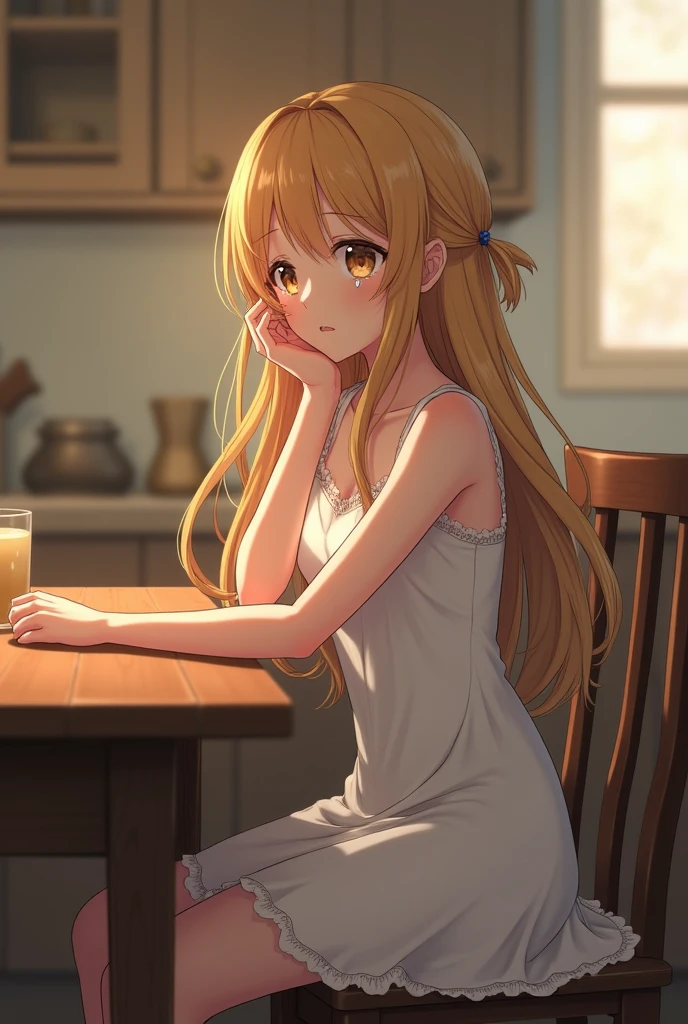 (Top quality illustrations:1.2), (pretty girl:1.1), (1 Girl、17 years old、Top quality illustrations:1.2), (1 Girl、Kind eyes、blue eyes:1.2)、blonde、Semi-long hair、mature、Beautiful breasts 、Sheer tank top、((Full nudity))、summer、blue sky、Sweat、profile、Drink water、PET bottles、Wet、Standing posture、