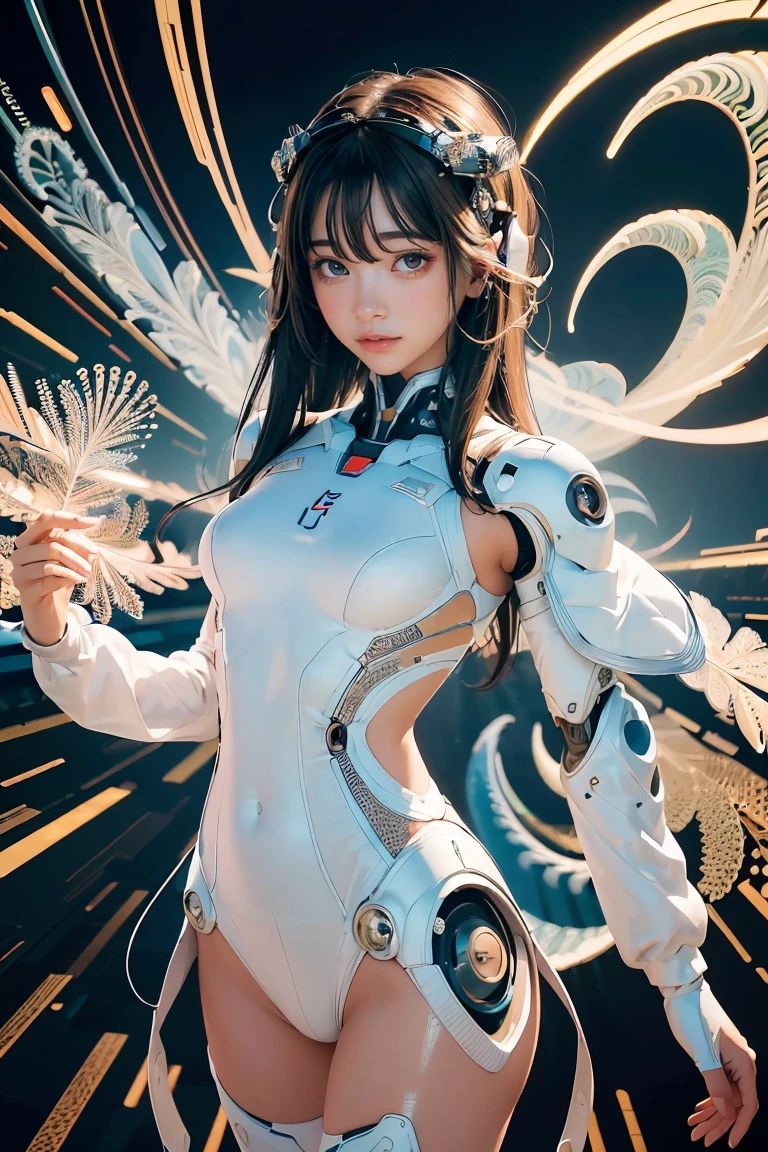 (high resolucion, 4k, Masterpiece:1.2),((Ultra-detailed:1.2)),(realisitic,Realistis:1.37),Girl robot married in Japan,mechanical limb,Mechanical trunk,Made of shiny white and silver translucent glass and plastic, Delicate lace dresses, Joyful expressions, , vibrant colours, Sakura Background, Bright sunlight, highly intricate details, Female elves, Beautiful waist, navels, big size ass, Exposed metal skeleton, 1 Cyborg Girl, Detailed hydraulic cylinders from Sumer, Raw skin  exposed to the valley、large full breasts, (random pose、dynamicposes,:1.2)