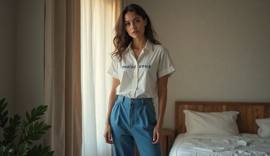 Chica morocha, pelo corto, ojos azules, remera corta escote,