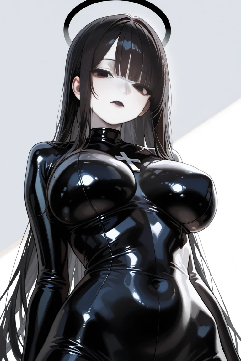 Long black hair, Blue glowing eyes, Full black shiny rubber body suit, Long black shiny rubber gloves, Long black shiny rubber boots, Black slime dripping from body, Big breast, sinister lewd smile, sticking out Long point tongue, Black nipples exposed, Black vagina Exposed.