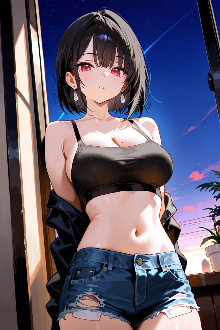 (extremely detailed CG unity 8k wallpaper),(masterpiece),(best quality),(ultra-detailed),(best illustration),(best shadow),(absurdres),1girl,solo,Chihara,  jeans ,black hair, red eyes,  tank top, huge breasts, earrings, one arm in jacket, navel, jewelry, long hair, cleavage, looking away from viewer, gas station、