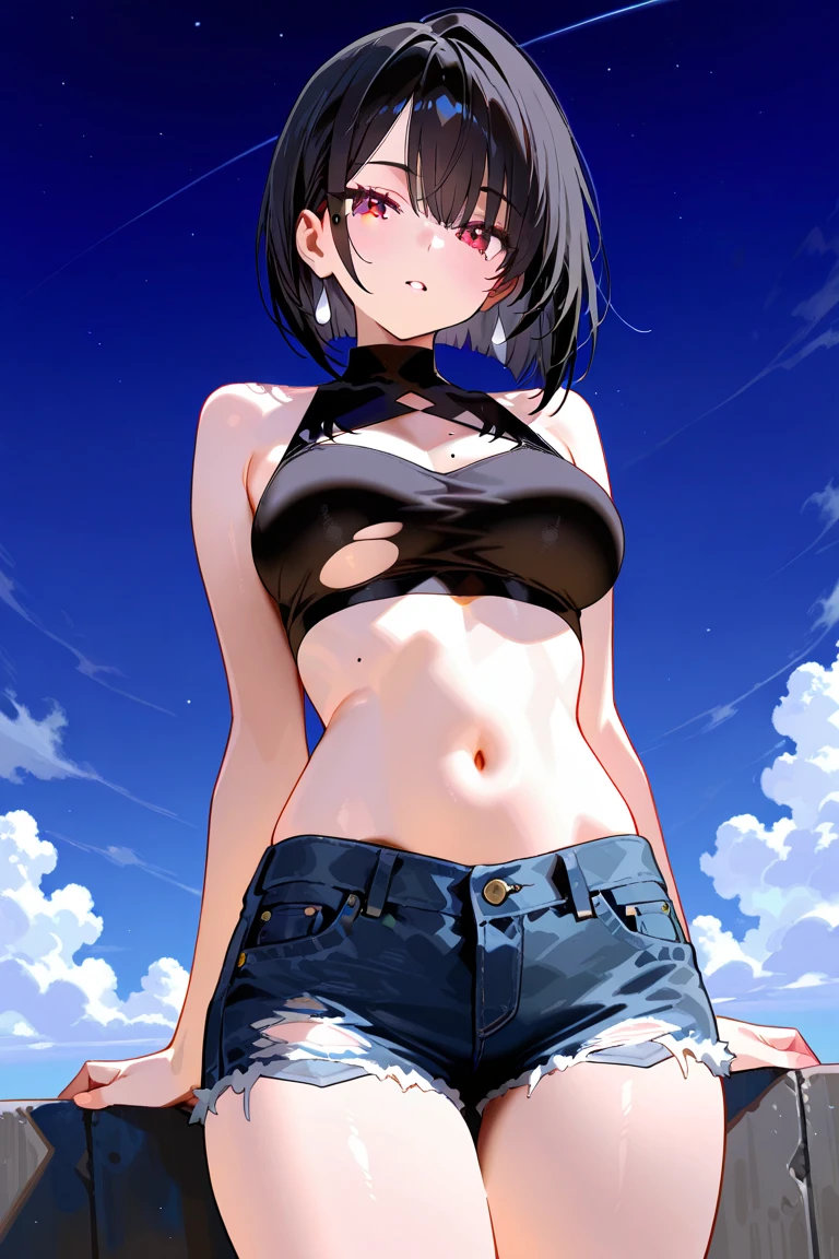 Shy woman blushing、She wears a black bikini with a black ribbon over her breast.、She is wearing a see-through cardigan、She is wearing navy blue denim hot pants、This is a beach on a southern island.、She has brown, short lob hair.、She has small breasts、Her breasts are slightly fuller、Her breasts are a B cup、Her breasts are slightly swollen