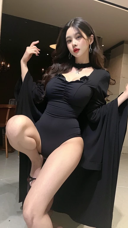 Charming slender girl with big breasts, slim waist. With loose long hair. With a fancy purple pendant around her neck. With a cute smile and lush red lips. In an airy sheer black dress with purple fur and a cutout on the chest. In lacy black stockings. On a plain background with uniform light.
