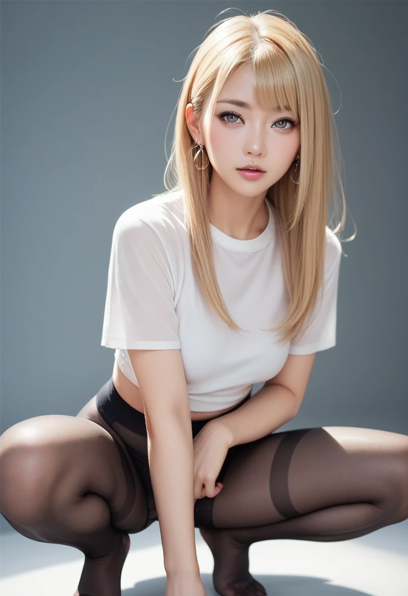 girl,torned pantyhose,solo, blonde long hair,shirt,full body,shirt,full budy,pantyhose, indoors,skirt,Torn clothes,black skirt,lack pantyhose, no shoes, arms behind back ,skirt, realistic ,women's stockings,full budy, toes,full legs,full foot,withoutshoes,Expressiveh,concept art,show toes, open arms, open armpit, armpit ,g_s, 1girl,better photography,fishnet bodysuits, breasts, fishnet pantyhose,standing, fishnet, open armpit, show armpit, without shoes