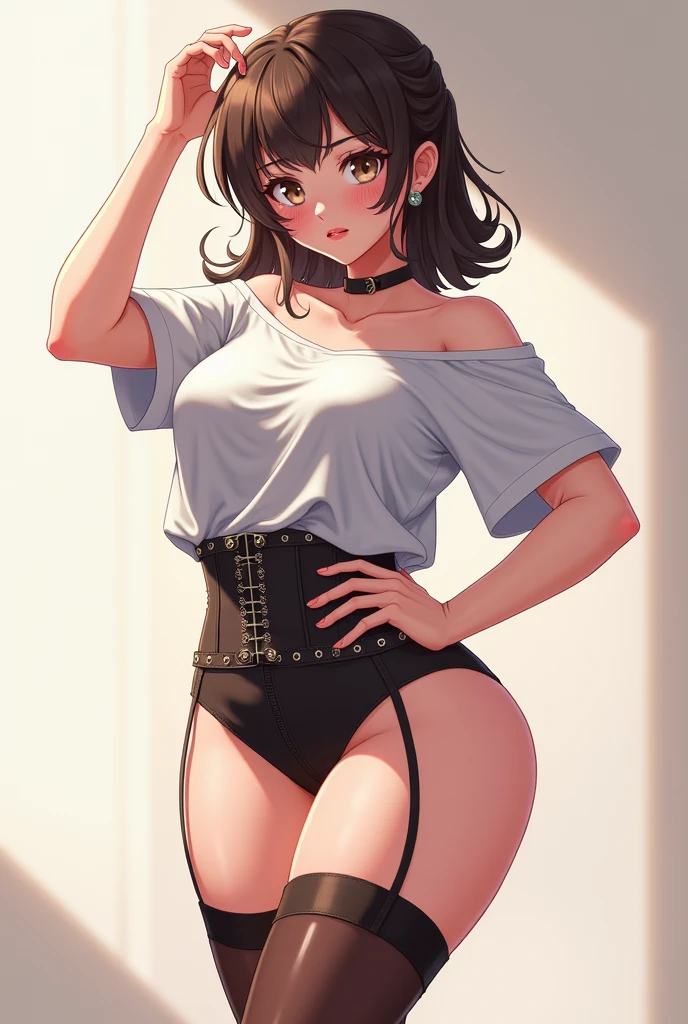 Teen model, The boy wears a crop top and too-short mini shorts, beautiful long legs in stockings, flirty pose, top quality, anime stilt.