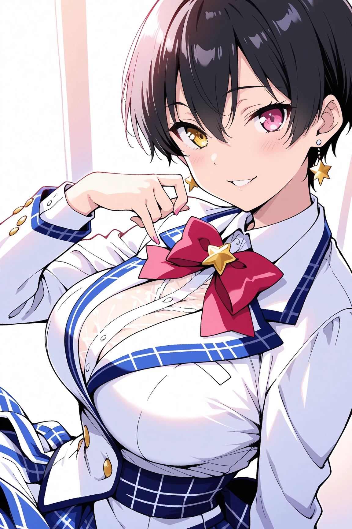 brown eyes, tan, tanlines, one-piece tan, hair ornament, brown hair, hair ornament, 独奏, fang, hair bobbles, short hair. two side up,, (large breasts:1.5), live stage, 11years old nipple blazer uniform, Blazer skirt, alone,