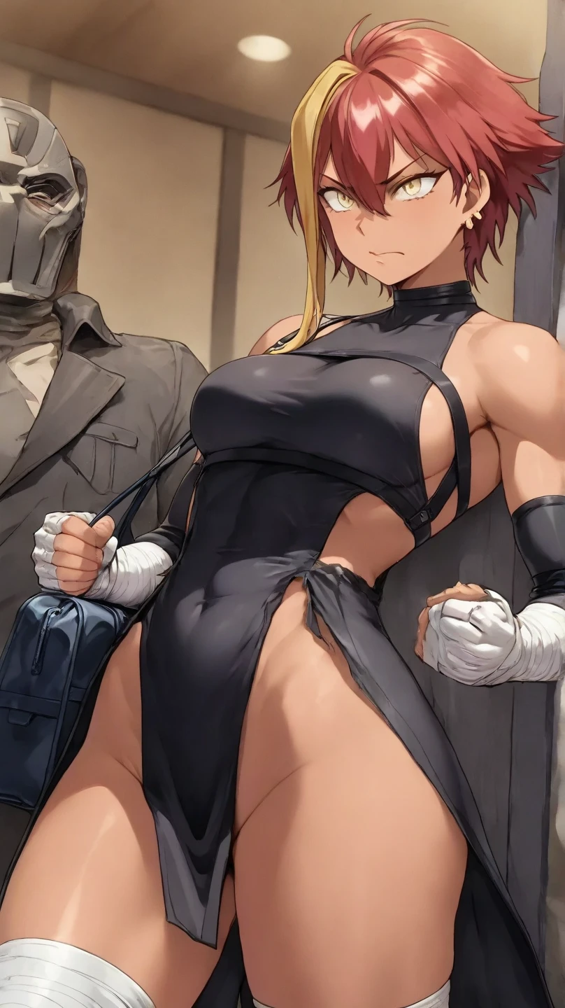 Based on the character Momo from Boku no Hero Academia, stuck to a wall with her back bent on the left side with a full and sexy body.