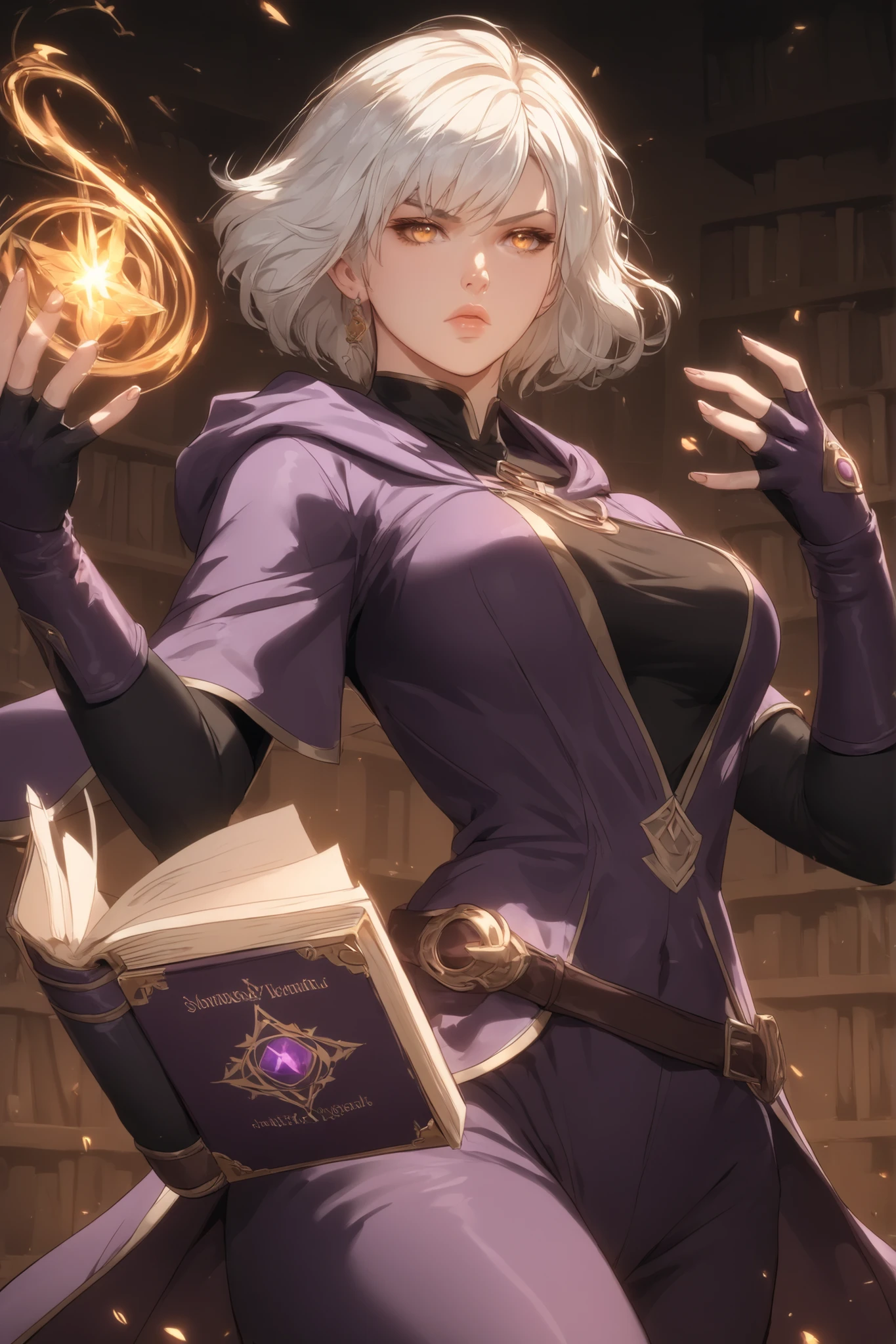 1 girl, white hair, purple robes, wizard, golden eyes, medium breasts, holding a book, wizard, dynamic pose, library background, wizard, purple hood, robes with golden embroidery, rosy lips, serious expression, black gloves, fingerless gloves, delicate features, purple pants, action pose, short hair, only one book, open book, silk gloves