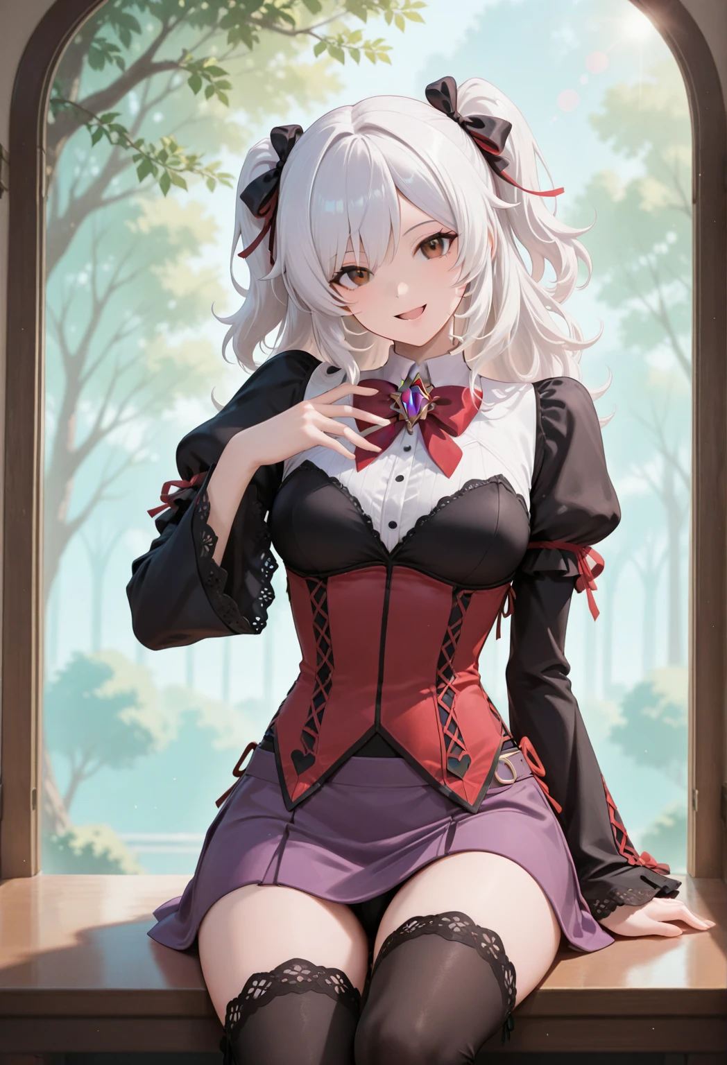 <lora:yuexia_v1:0.7>,masterpiece, best quality,detailed background, yuexia, 1girl, solo, red eyes, long hair, large breasts, cleavage, full body, bangs, looking at viewer, thighhighs, black dress, closed mouth, white hair, long sleeves, hair ornament, flower, hair between eyes, smile, breasts, black footwear, indoors, sitting,