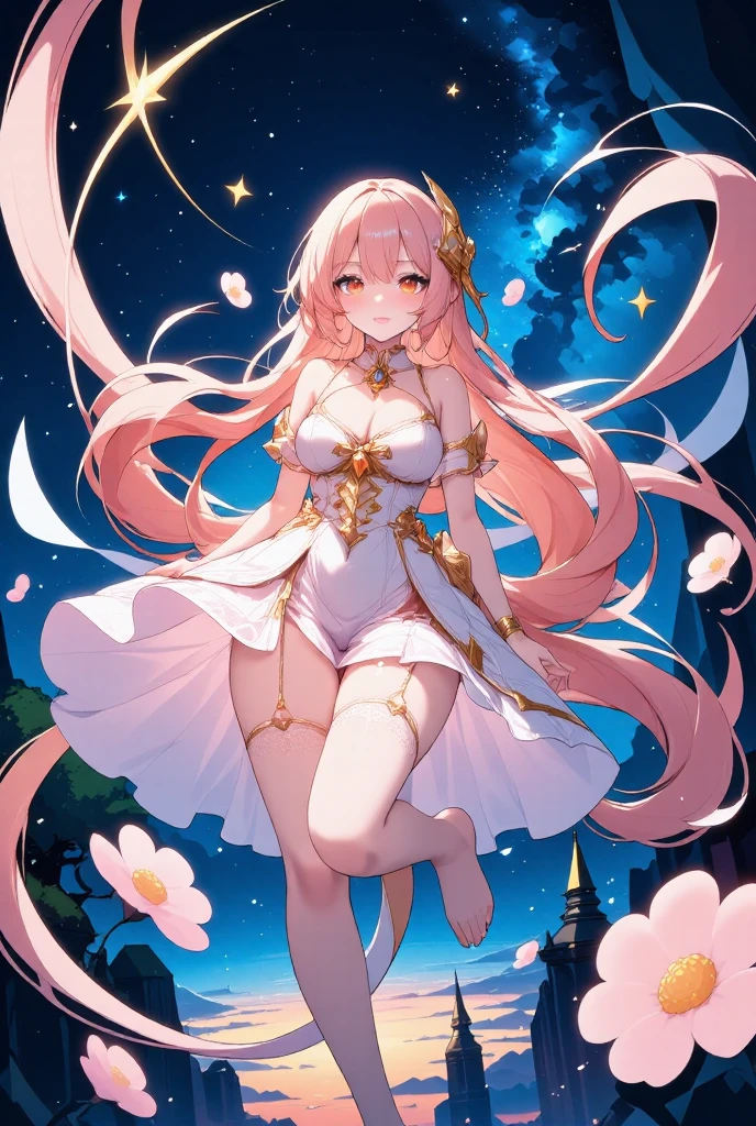 Highest quality、Very delicate and beautiful、Very delicate and beautiful、(Beautiful eyes)、Pink Eyes、I、I、、13 years old 、Japanese、、Chiquita、(armor)、(Blonde)、((Pink leotard))、（High leg）、Tiara on head、Laughter、standing、Look forward、((The background is outer space))