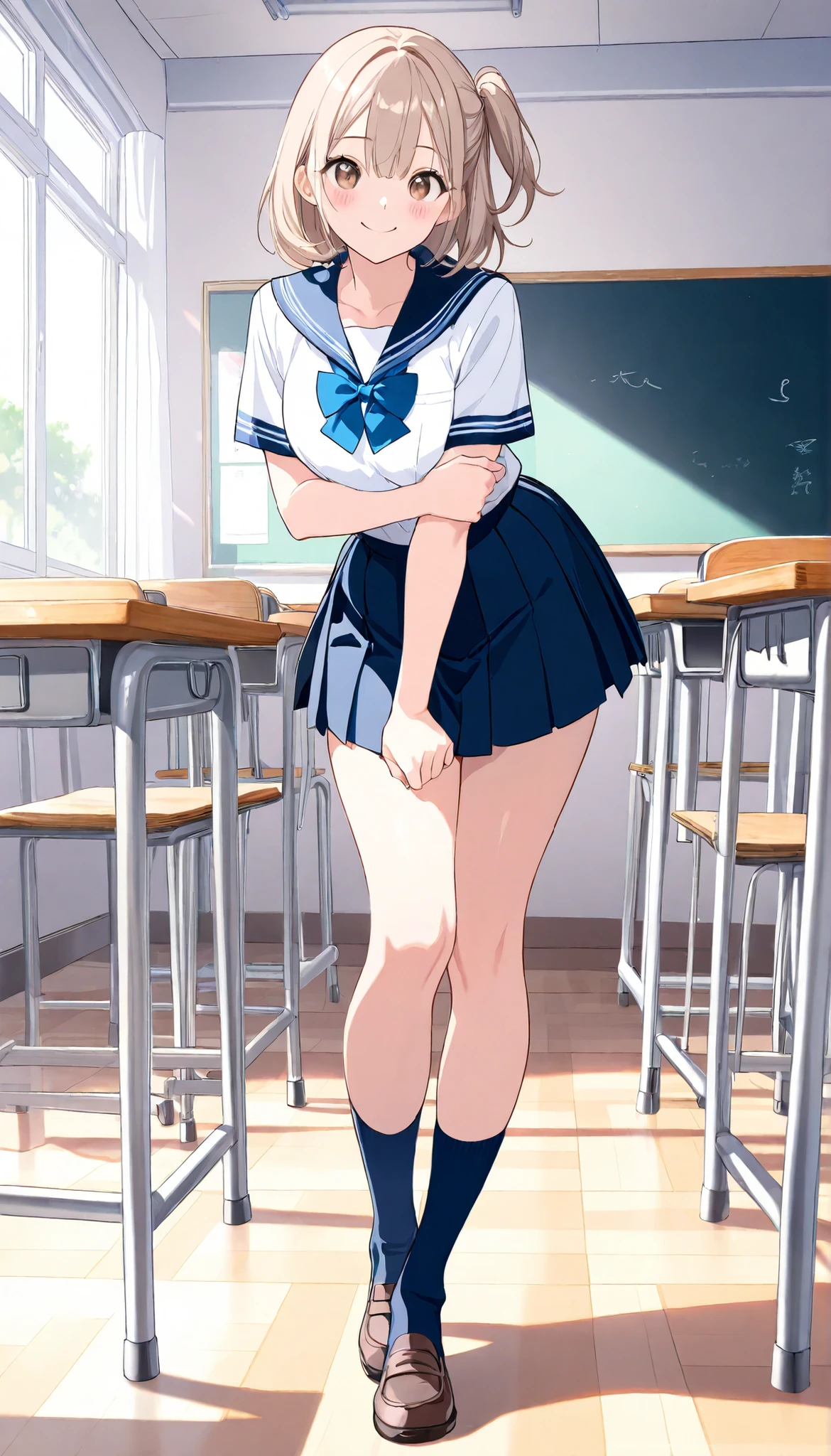 ultra detailed, best quality, insanely detailed, beautiful, masterpiece,
looking at viewer, full body, 1 girl, 99mix,
medium short hair, side ponytail, light brown hair, brown eyes,
school uniforms, navy socks,
summer, daytime, (school classroom:1.2), sexy pose with movement, lovely smile, upper eyes, embarrassed, blush,