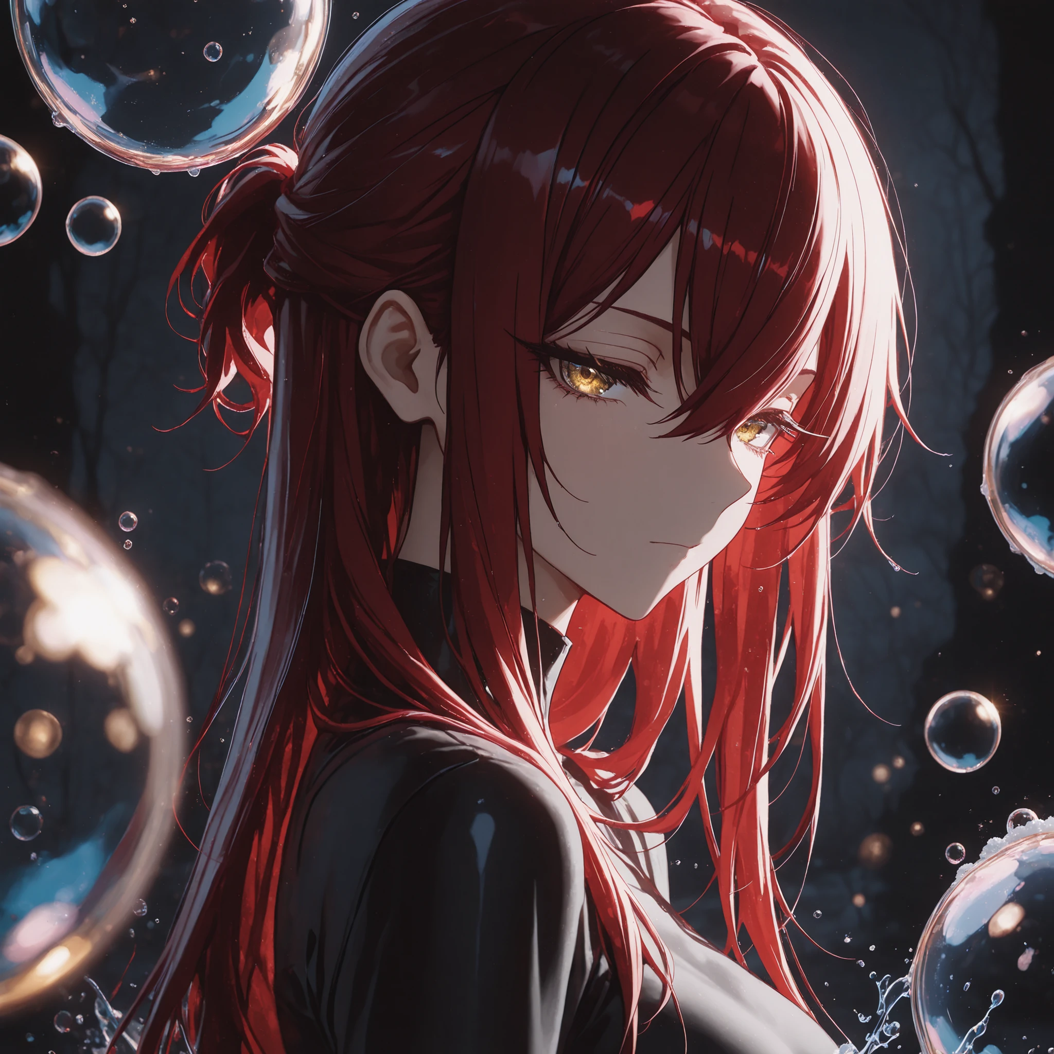 1 girl , golden eyes , very long hair , long sidelocks, red hair ,half updo, petite , very cute , beautiful ,Straight hair, cool, handsome, hair between eyes, sexy, medium breasts , water, bubbles, backlighting, dark, face focus, closed up, head shot, flowers, liquid, splashing, splash, splatter, dark background, half closed eyes, long eyelashes, sinozick style, flat color, dark theme,hazy lights, misty landscape, foggy atmosphere, subdued lighting, blurred figures, dark background,Anime illustration, anime coloring:1.5, EyesHD:1.2, masterpiece, best quality, ultra-detailed, very aesthetic, sharp focus, depth of field, vibrant colors, ray tracing, best lighting, detailed illustration, beautiful face, beautiful eyes, bubble aesthetic, soap bubbles, floating bubbles, transparent bubbles, colorful bubbles, magical bubbles, bubblecore, shiny bubbles, glittery bubbles, surreal bubbles, dreamy bubbles