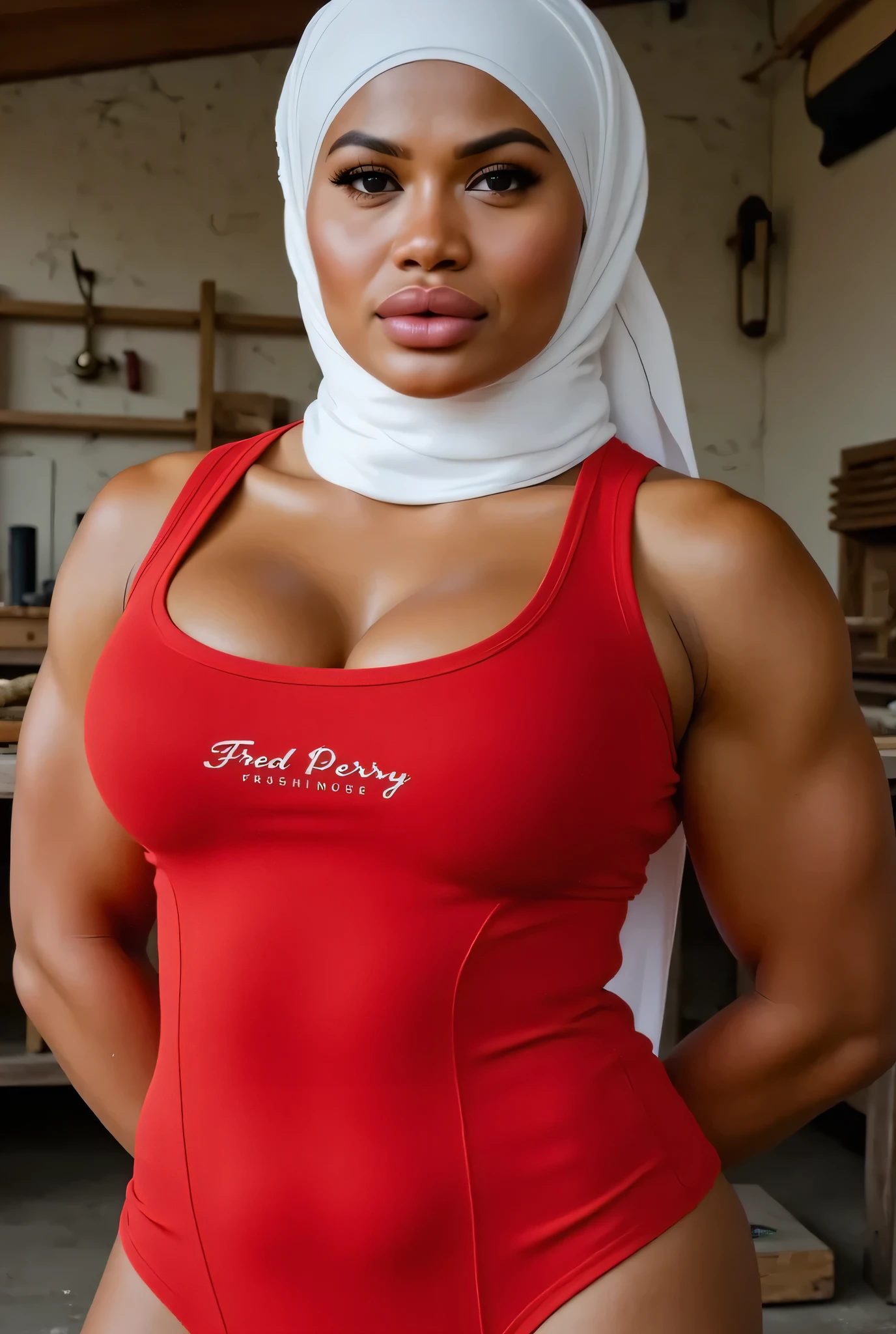 Oversize dick, Just Front posing, (((MOODY FACE EXPRESSION))), "Wearing White Hijab perfectly", wearing Scoop Neck Sleeveless red Bodysuits strapless swimsuit 'Brand logo 'Fred Perry' Print', (KEDUA BELAH TANGAN DILETAK LETAKKAN DIBELAKANG PUNGGUNG NOT VISIBLE FINGER) PLEASE DON'T PUT ANYTHING ROPE!!!, Half body portrait, (face details: 1), (Eye details: 1), ((Big breasts)). ultra high res. realistic: 1.4, UHD, Background Di bengkel kayu lama yang USANG membuat kerja Logam Dan besi welder , gambar kelihat sangat tajam Dan jelas female bodybuilder huge muscle 💪