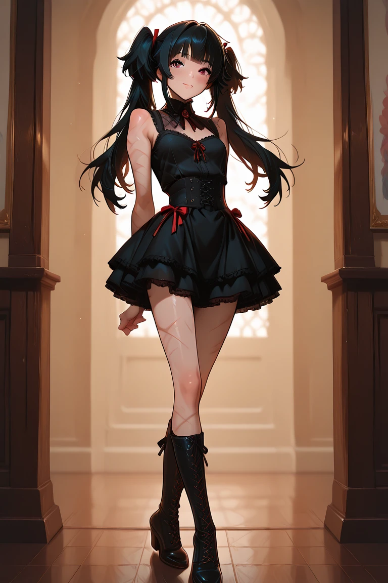 (masterpiece, best quality, highres, high quality:1.2), award winning, super detail, high details, textured skin, anatomically correct, ccurate, UHD, retina, ((4k,1080P, HD)), black hair, long hair, shinny hair, perfect breasts, small breasts, charming and stunning woman, attractive beauty, pantyhose black, ((black Cloak)), high heels, ((Crimson red Eyes)), crimson throne, crimson palace, (crimson lightning),((perfect anatomy)), ((1girl)), perfect hands,black gloves, ((standing)), ((crossed arms)), (mature young woman), cute girl, beautiful girl, ((high shot angle)),black short skirt, (perfect legs), ((beautiful and stunning young girl, attractive girl)), ((perfect body, sexy body)), (((full body))),((ultra_detailed)), ((standing straight)), ((she is short, short legs)), young female girl, ((red skirt)), ray tracing, light reflection, cenimatic lighting, (half vampire), ((cute waifu)), ((hair ornament))